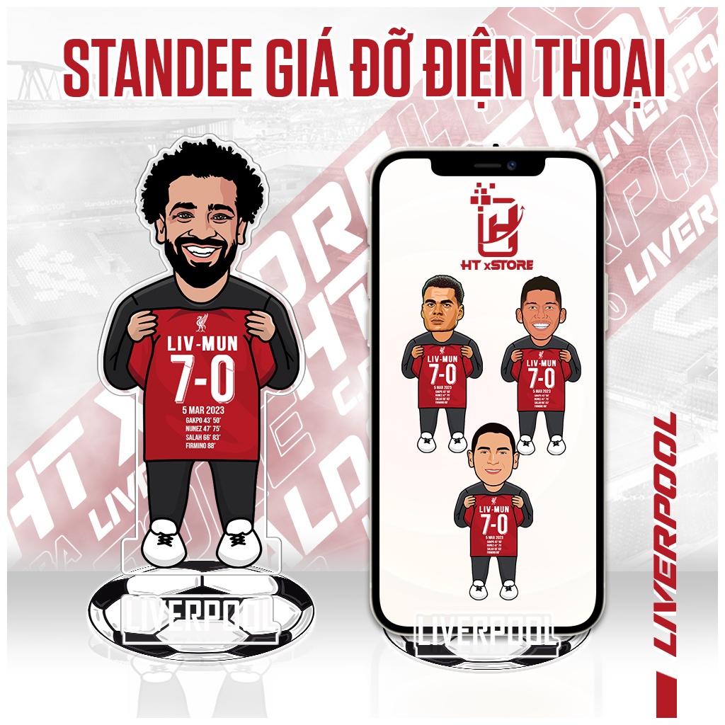 Giá đỡ điện thoại acrylic kiêm standee hình cầu thủ CLB Liverpool cầm áo bóng đá in tỷ số 7-0 vui nhộn