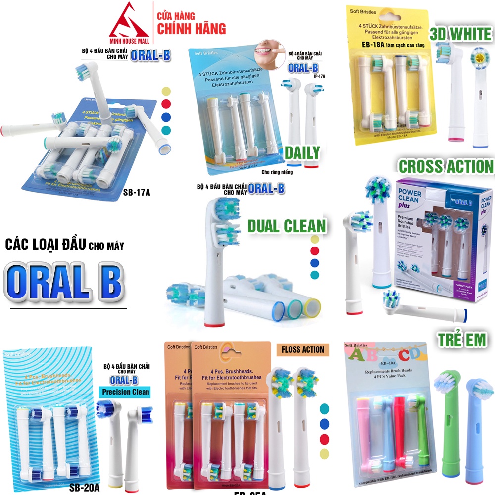 Set Bộ 4 Đầu Bàn Chải Đánh Răng Điện Minh House Cho Máy Oral B Braun, Lông Mềm