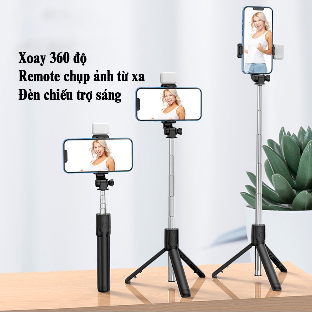 Gậy chụp ảnh 3 chân kèm remote, có đèn led trợ sáng - Gậy tự sướng selfie chụp hình điều khiển từ xa xoay nhiều góc độ