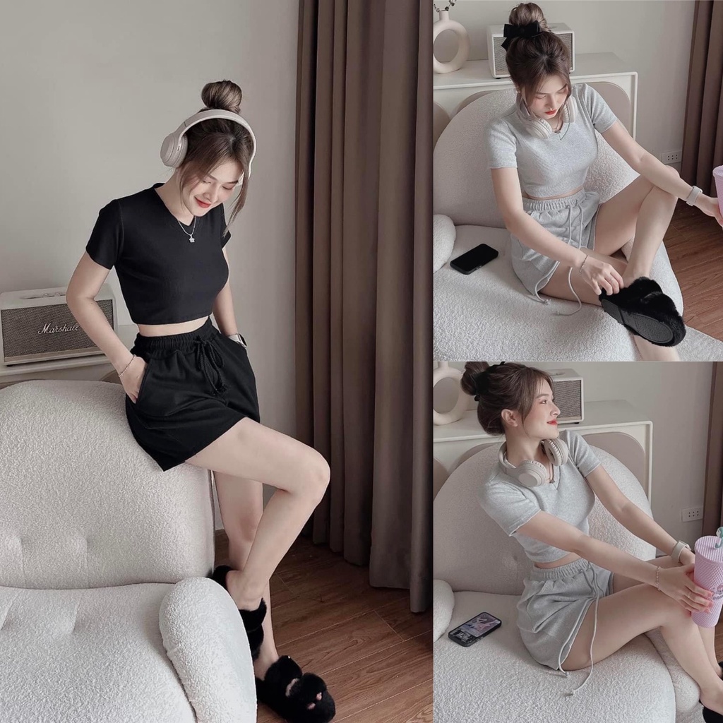 Sét bộ áo croptop quần short thun gân thể thao bigsize Kim ngân từ 50kg đến 100kg (M/L/XL/XXL)(sét bộ)