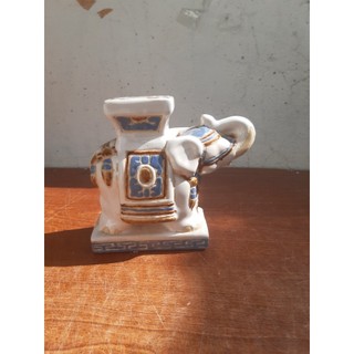 Tượng gốm đôn voi trắng xanh để bàn mini