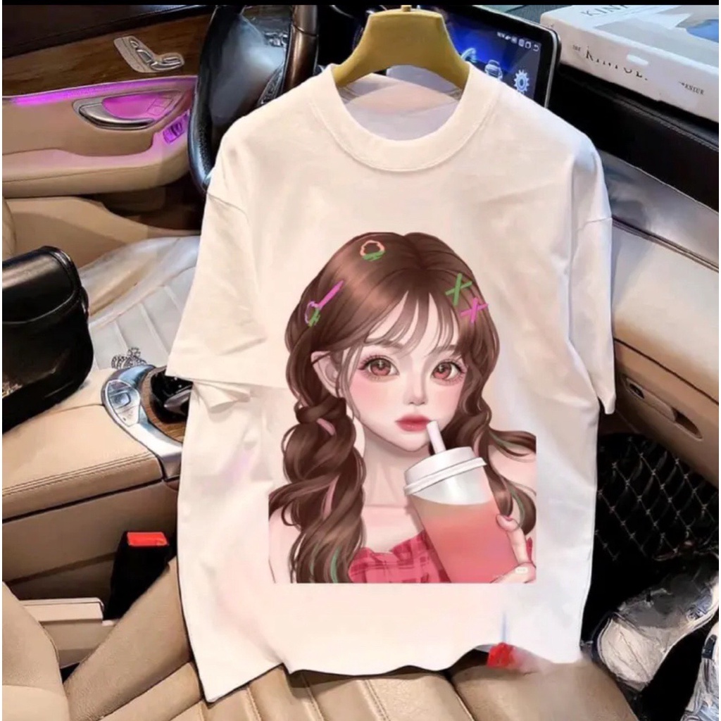 Áo phông 3158 cô gái trà sữa bản in bét to xinh xắn