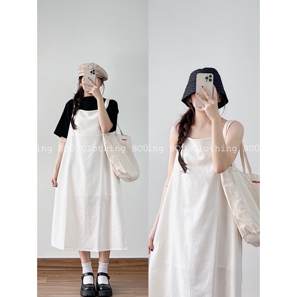 Đầm 2 dây hở lưng suông dài chất đũi (Ảnh thật)
