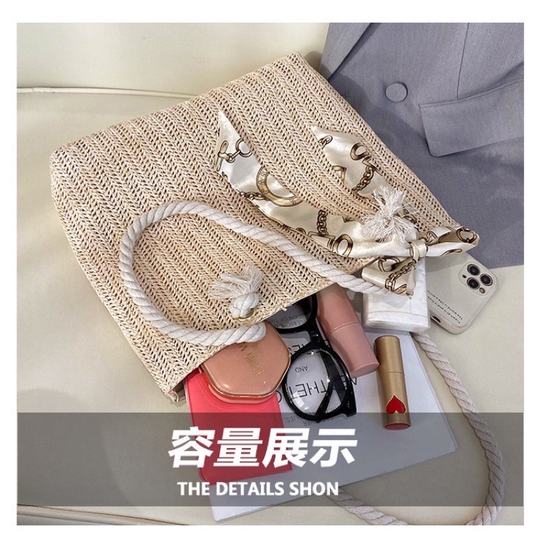 Túi cói thời trang kèm khăn lụa, túi đeo vai, xách tay tiện lợi đi biển, đi chơi mùa hè cho nữ