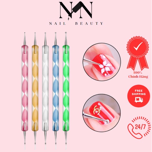 Bút chấm bi 2 đầu bộ 5 cây, bút châm bi 5 Trong 1 Đa Chức Năng Có Đầu Lăn Tiện Dụng, bút vẽ nails