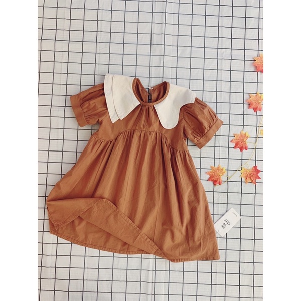 Váy bé gái vintage phong cách Hàn Quốc, thô mềm mát cổ sen xinh xắn, váy hồng tim ngọt ngào bé gái