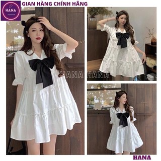 Váy babydoll cổ V nơ cổ bồng bềnh cực điệu đà, Đầm cổ nơ siêu xinh lên dáng cực đẹp cho phái nữ - HANA