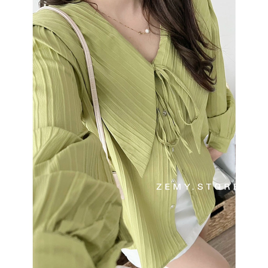 Áo sơ mi nữ kiểu dài tay cổ nhọn màu trắng Hàn Quốc