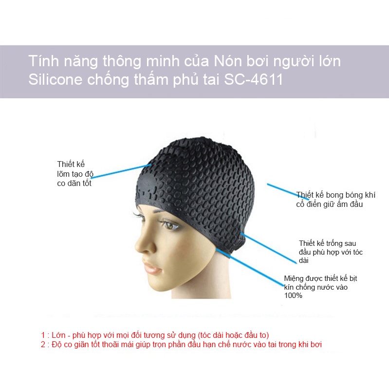 Nón bơi người lớn silicone chống thấm phủ tai Sportslink sc4611