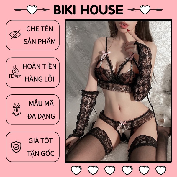 Đồ lót sexy cô dâu ren xuyên thấu gợi cảm set nội y nữ phối hoa kèm găng tay đen trắng quyến rũ đáng yêu BIKI HOUSE T314 | BigBuy360 - bigbuy360.vn