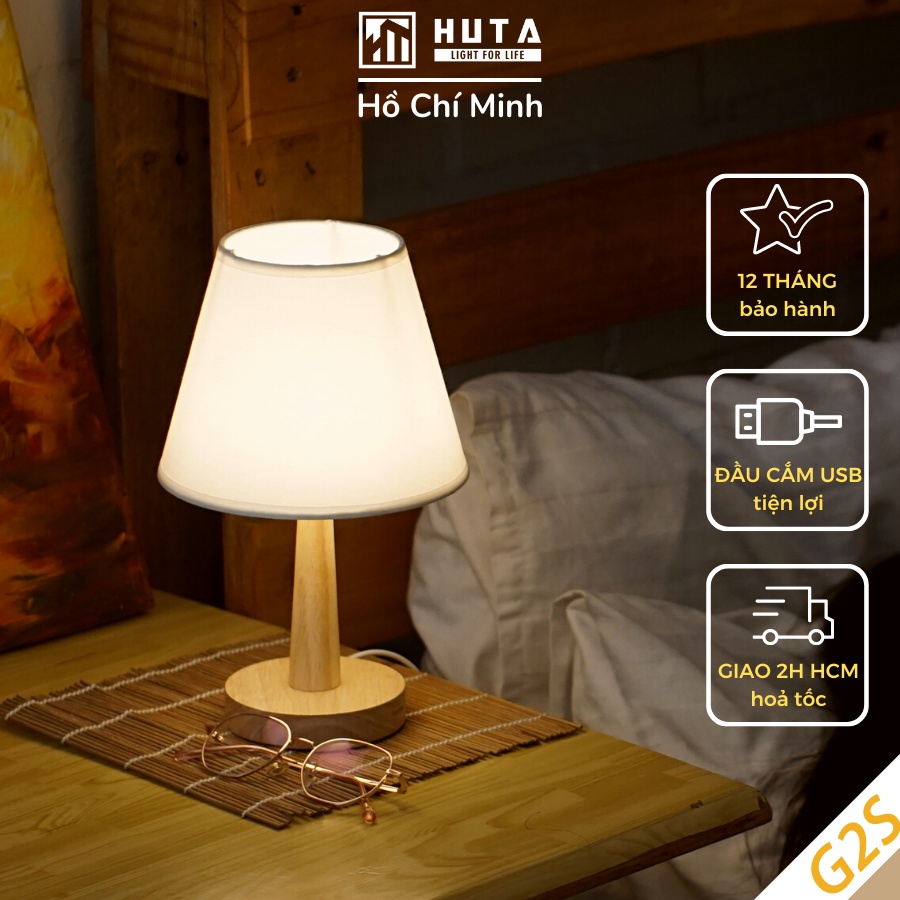Đèn Ngủ Để Bàn Gỗ HUTA G2S Vintage Decor Trang Trí Phòng Ngủ, Đầu Cắm USB Tiện Lợi An Toàn Cho Bé, Quà Tặng Ý Nghĩa