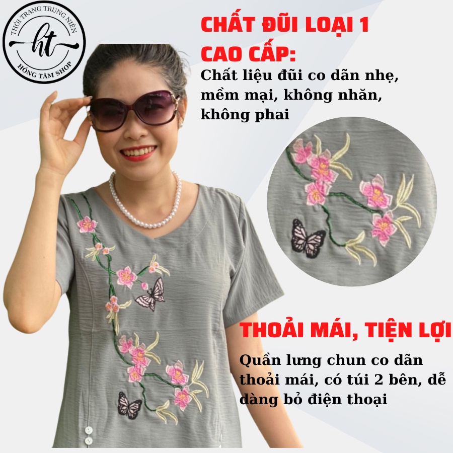 Đồ bộ cho mẹ mặc nhà trung niên, bộ đũi trung niên nữ thêu hoa, quần dài ống rộng cao cấp. CĐ