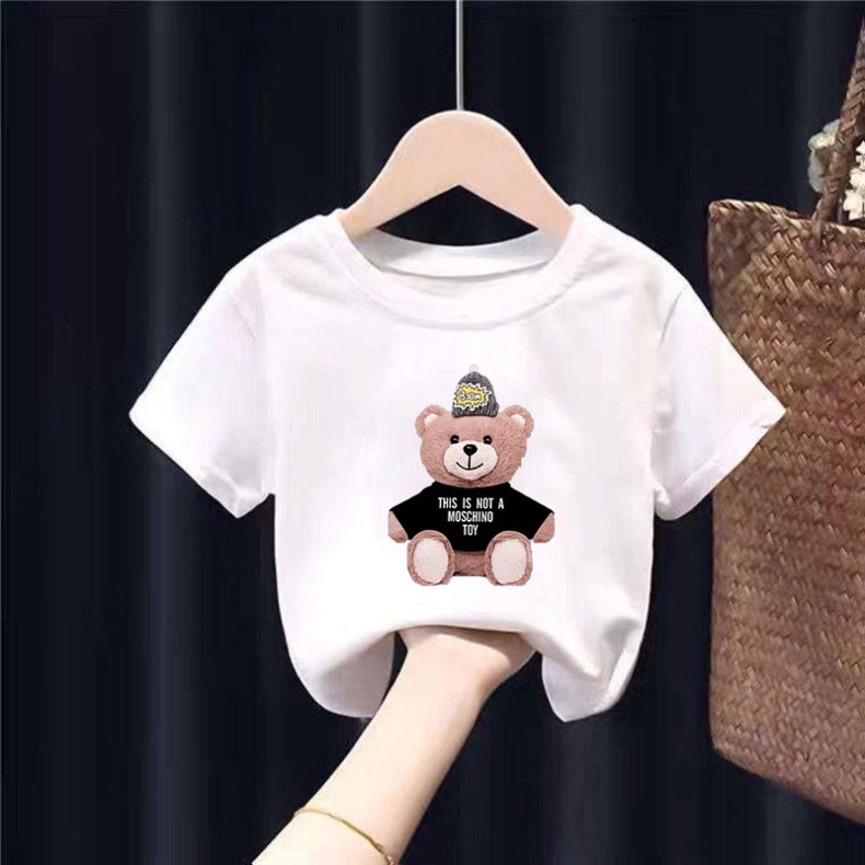 Áo cộc tay in hình gấu , áo phông cotton bé trai bé gái 7-18 kg