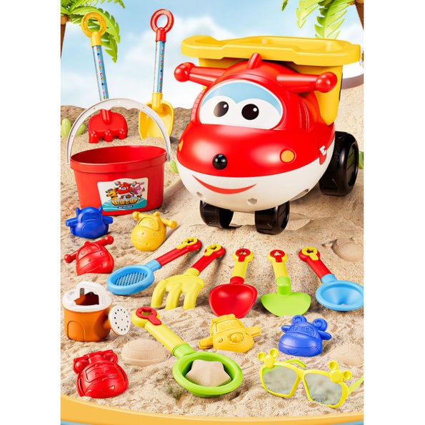 Super Wings bãi biển trẻ em xe đồ chơi chơi xẻng cát đào đất xẻng tuyết đồng hồ cát thùng đầy đủ đồ chơi bán buôn