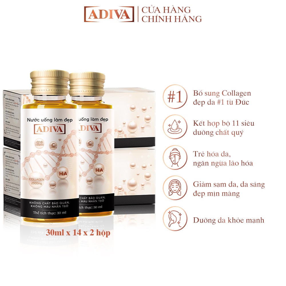 Combo 2 Hộp Nước Uống Làm Đẹp Collagen ADIVA (14 Chai/Hộp) Tặng 1 Sữa Tắm ADIVA Sweet Memories 400ml