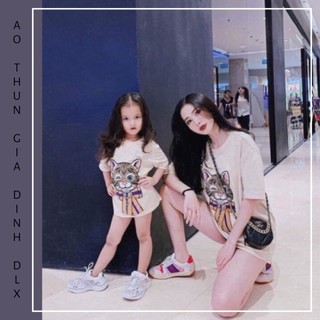 Áo Thun Gia Đình Mẹ Và Bé Màu Trắng In Hình Mèo Nơ Thời Trang DLX