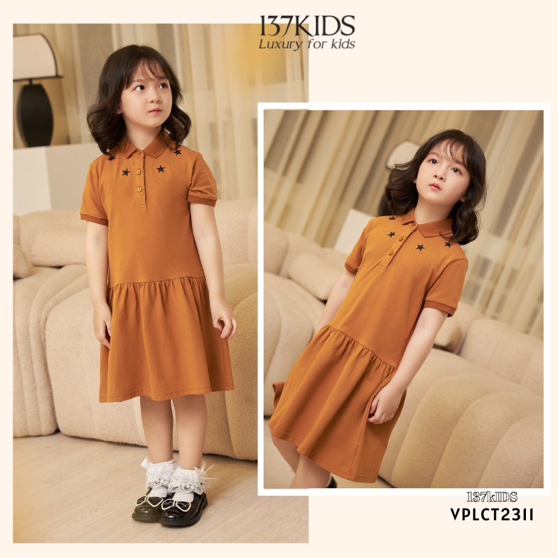 Váy polo cộc tay nâu sao thiết kế 137Kids chất cotton cho bé gái VPL9208