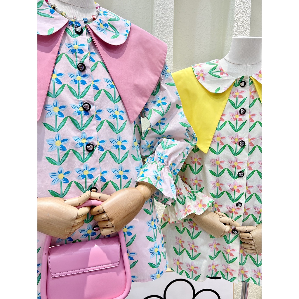 Đầm sơmi hoa phối lá cổ to 2 màu siêu xinh  - HN1114