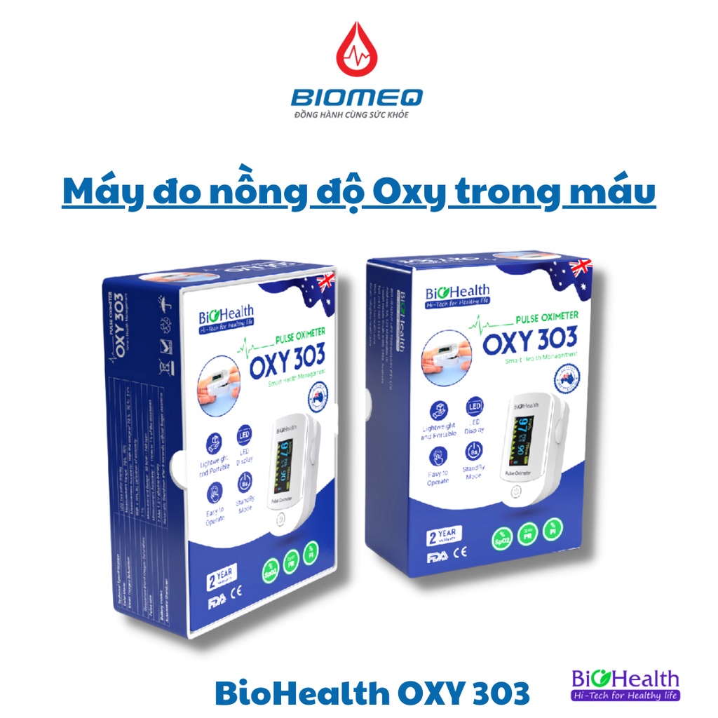 Máy đo nồng độ oxy trong máu SPO2 Biohealth OXY 303 thời gian đo nhanh chính xác, KHÔNG gây đau khi đo