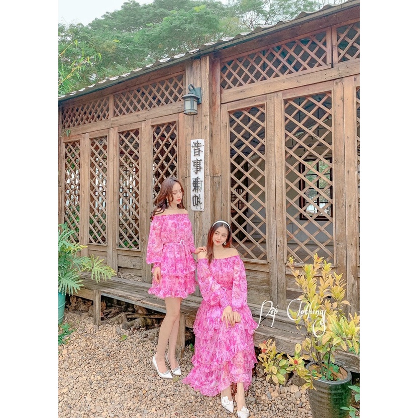 THANH LÝ  - Váy bẹt vai hoa hồng ngắn/dài kèm đai