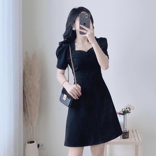 Đầm đen cổ tim nút bọc (kèm hình thật)