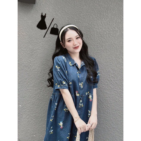Đầm Jean Cổ Sơ Mi In Hình Vịt Donal, Váy Babydoll Chất Liệu Jean Bò Mềm - Huyền Shop