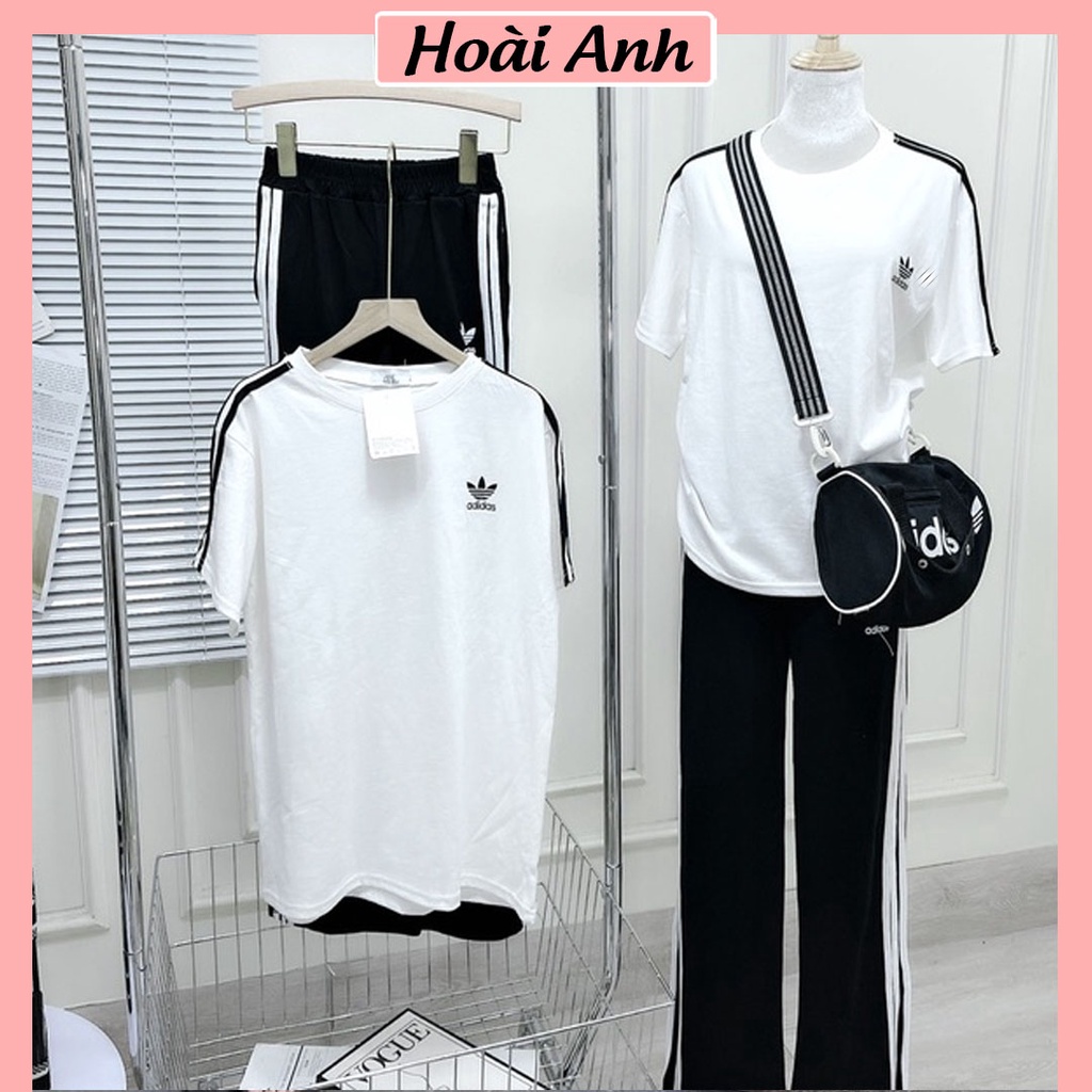 Set Bộ Thể Thao Nữ Áo Das Sọc Ngắn Tay Mix Quần Xẻ Ống Rộng Phối Sọc Freesize