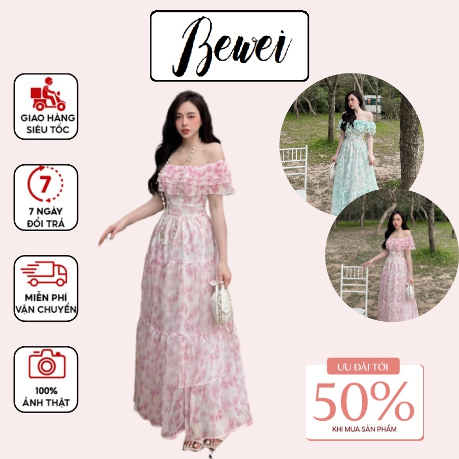 Váy trễ vai xếp li nhỏ dáng dài , Váy maxi hoa đi biển thời trang cho nữ