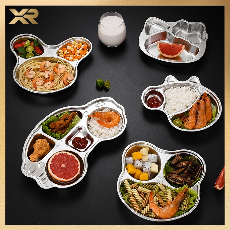 Khay ăn dặm inox an toàn cho bé khay cơm chia ngăn hình ô tô gấu