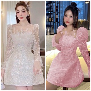 ĐẦM XOÈ KIM SA TAY PHỒNG KẾT ĐÁ LÔNG ĐÀ ĐIỂU TẶNG KÈM HOA TAI THỜI TRANG