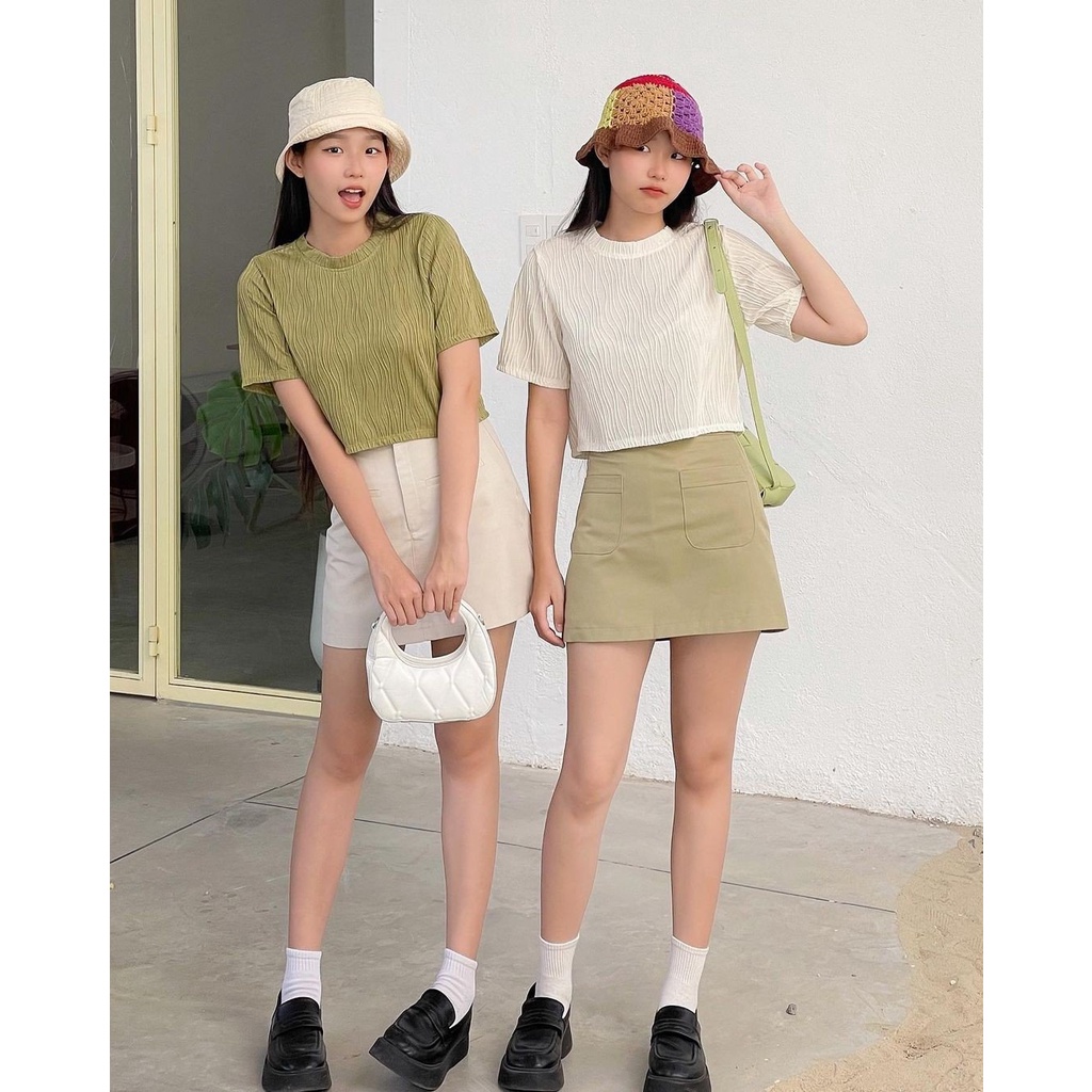 Áo Croptop ngắn tay cổ tròn chất liệu Pull lượn sóng mới nhất hè 2023 GT27