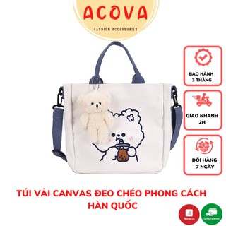 Túi vải canvas đeo chéo nữ có tay cầm họa tiết gấu thỏ dễ thương phong cách hàn quốc acova tv002