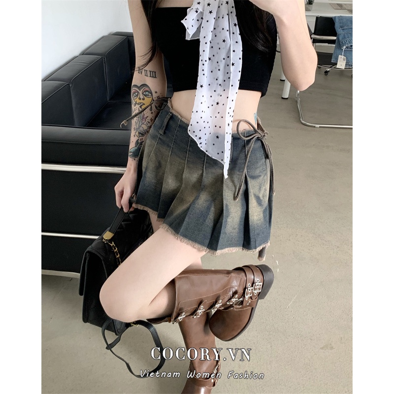 Cocory vn Chân váy jean Lưng Cao Phong Cách Retro Thời Trang Cho Nữ
