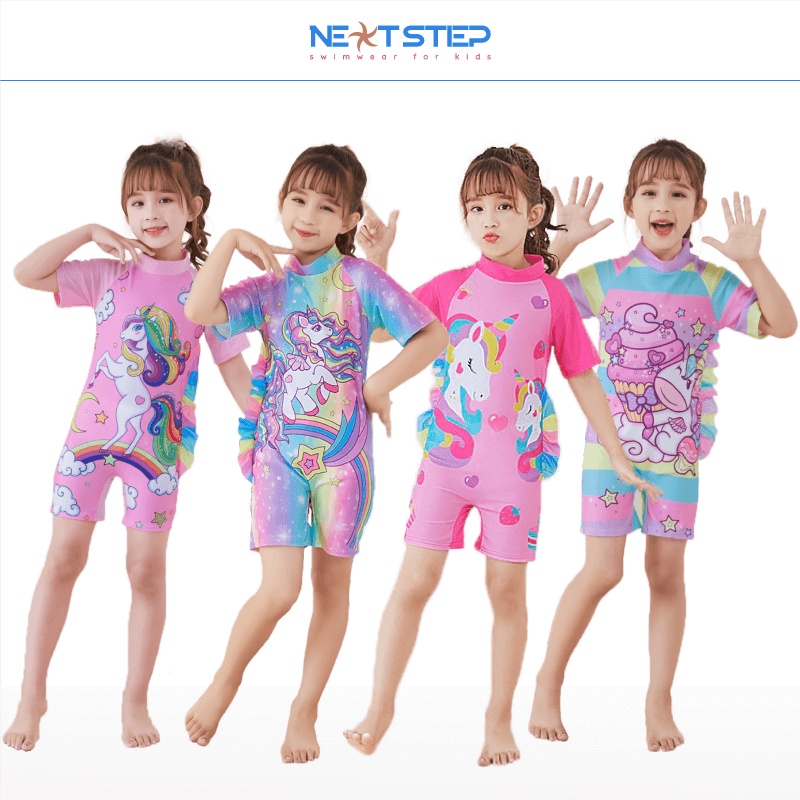Đồ bơi trẻ em , đồ bơi bé gái | liền thân tay ngắn bao gồm nón bơi họa tiết kỳ lân size cho bé đến 30kg