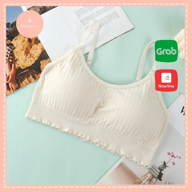 Áo bra cotton hai dây thun tăm cao cấp, thiết kế viền nhún mềm mại, Queen.Nga