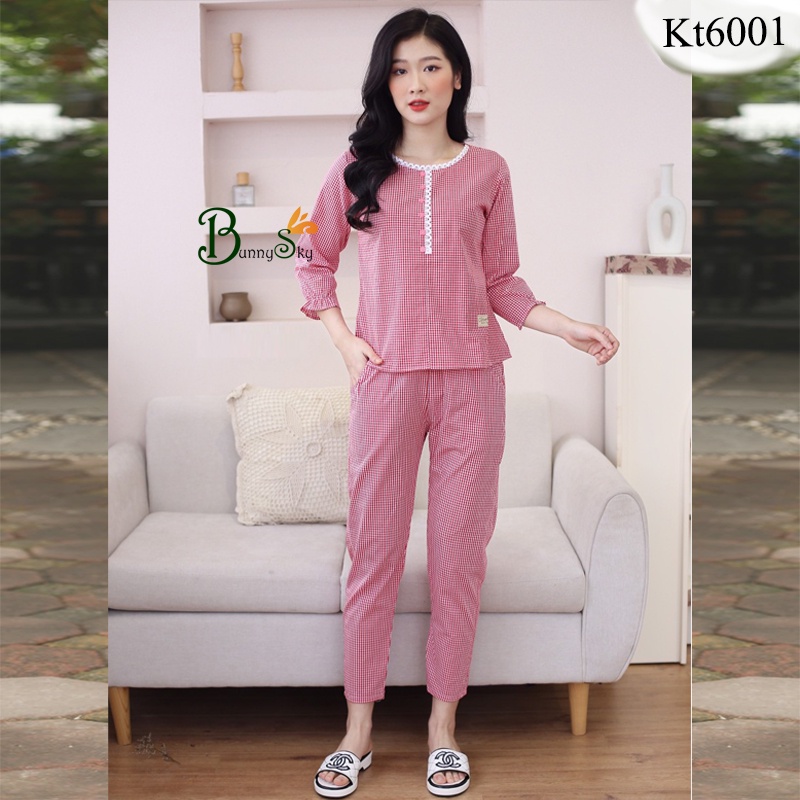 [BunnySky] ĐỒ BỘ MẶC NHÀ NỮ, QUẦN ÁO MẶC NHÀ CỔ BÈO TAY LỠ QUẦN DÀI