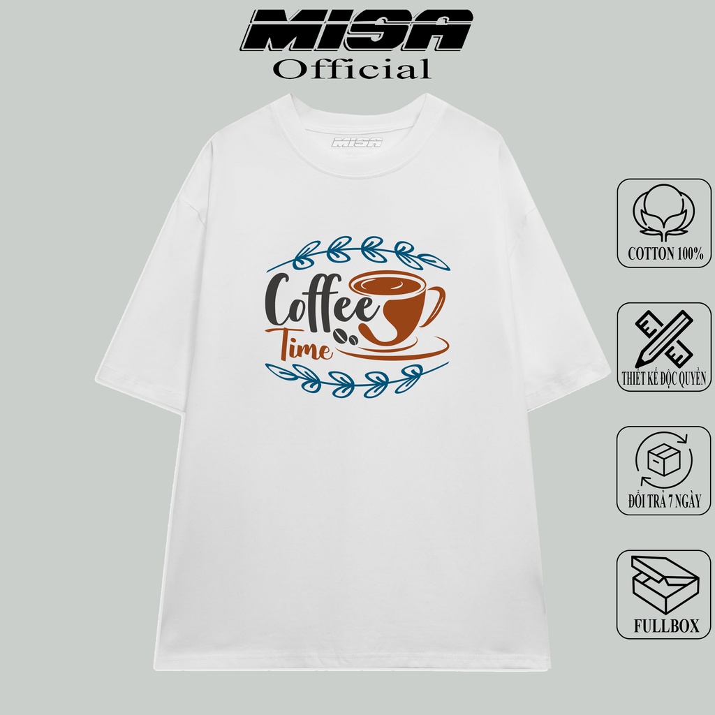 Áo thun nam nữ form rộng tay lỡ MiSa chất vải cotton màu trắng BST Cà phê dành cho các tín đồ cafe
