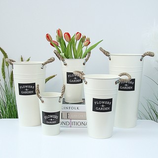 Xô/bình/chậu thiếc cắm hoa sơn tĩnh điện có tay cầm vintage size 30cm 40cm