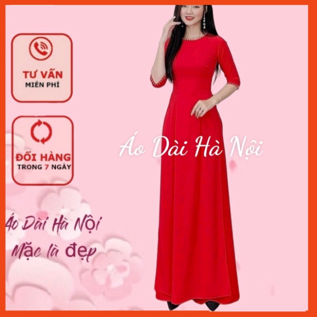 [Ảnh thật} Áo dài đỏ cổ tròn tay lỡ, đồng phục áo dài màu đỏ - Áo Dài Hà Nội