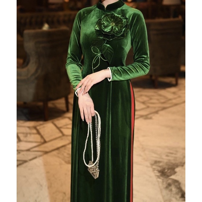 ÁO DÀI TRUNG NIÊN NHUNG KẾT HOA THỦ CÔNG CAO CẤP ÁO DÀI BÀ VÀ MẸ