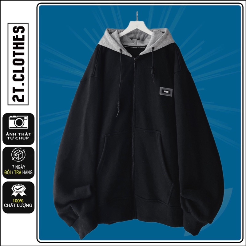 Áo Khoác Dây Kéo Zip Nỉ Bông Phối Mũ Xám WZS Form Rộng Unisex 2tclothes