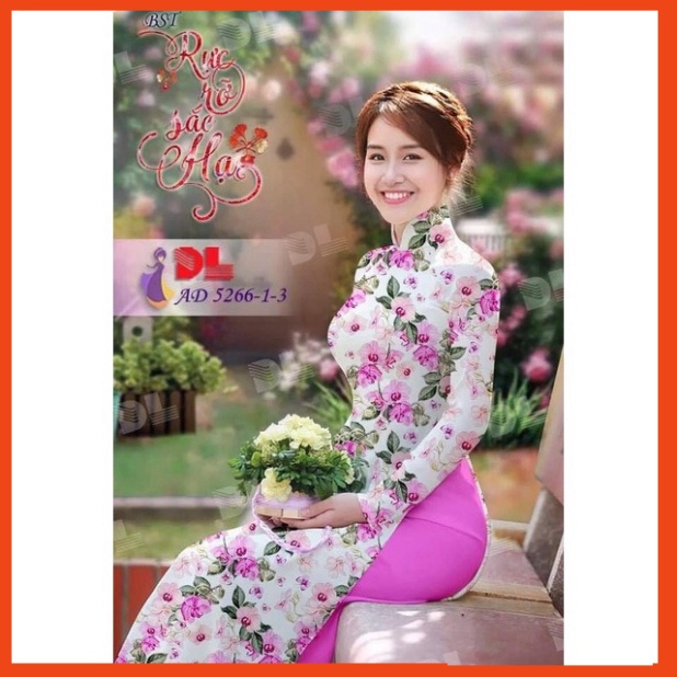 [Ảnh thật} Áo dài lụa Nhật in họa tiết hoa hồng tím
