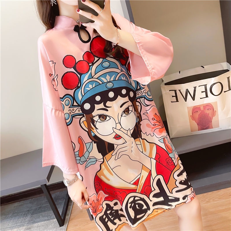 Đầm Thun In Họa Tiết Phối Nút Thời Trang Vintage Cá Tính