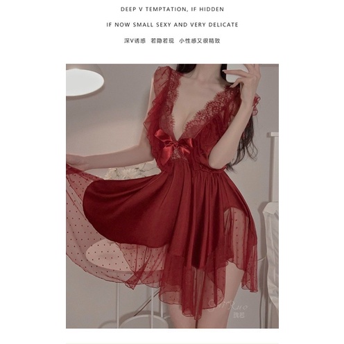 Váy lụa ngủ phối ren cổ V sexy