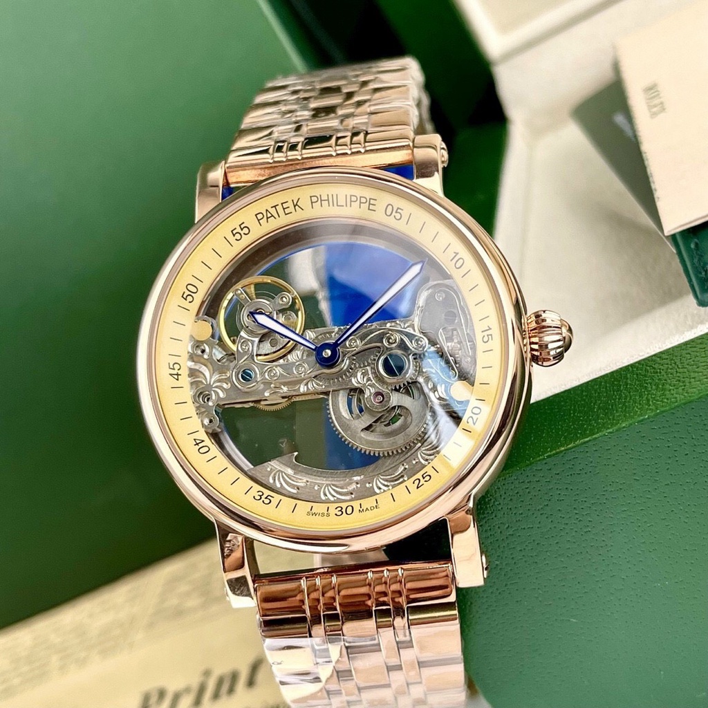 Đồng hồ Nam Ptek cơ Automatic kín trong độc đẹp lạ dây kim loại 40mm vỏ vàng, vỏ trắng