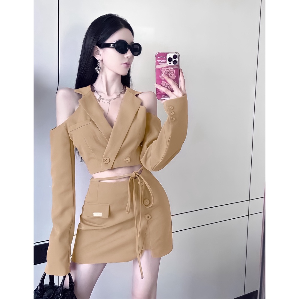 (Fom: <55kg) Set Crop Vest Cột Eo Hở Vai Chân Váy JL41 | BigBuy360 - bigbuy360.vn