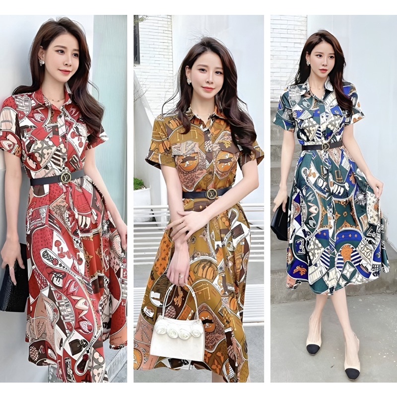( QUẢNG CHÂU CAO CẤP) VÁY ĐẦM SƠ MI CÔNG SỞ - HỌA TIẾT MỚI NỔI BẬT - DÁNG XÒE KÈM NỊT SANG CHẢNH
