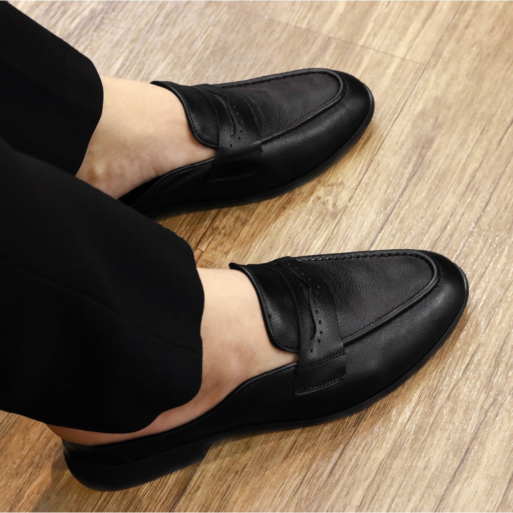 Giày sục nam da bò sần, da miu cao cấp đế cao su đúc - Bảo hành 12 tháng S011 màu đen