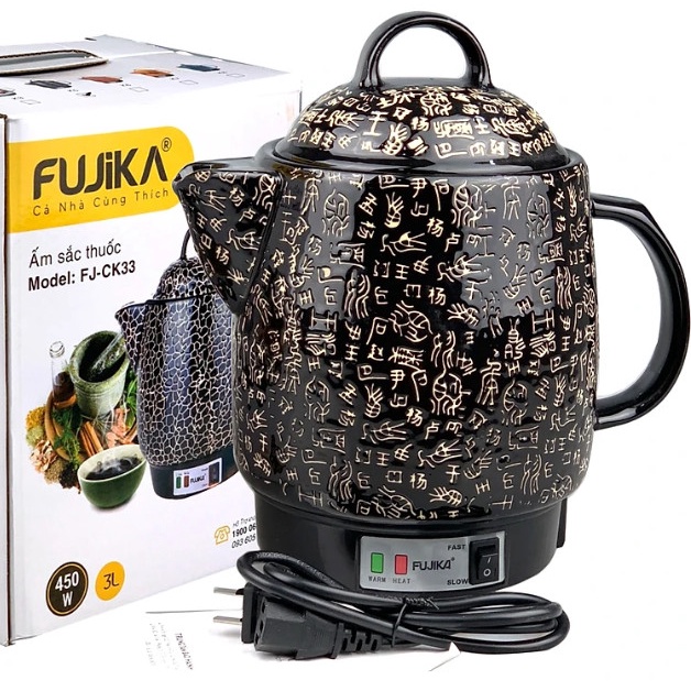 Ấm nấu thuốc tự động 3L Fujika FJ-K33 K5 thân bằng gốm phủ men, đầu đốt chống bám dính dễ vệ sinh