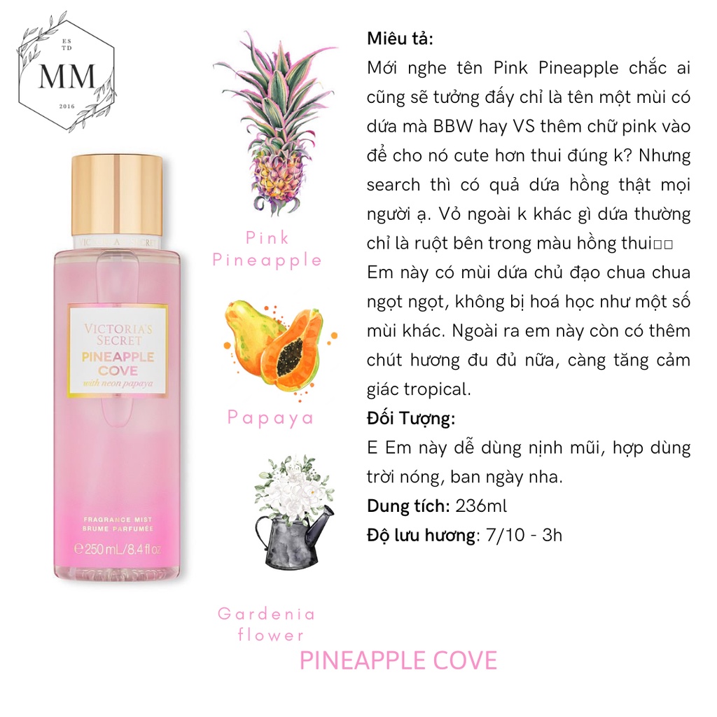 - Bộ Xịt Thơm Toàn Thân Victoria’s Secret Body Mist BST Tropichroma mùi Pineapple Cove và Vanilla Tropic
